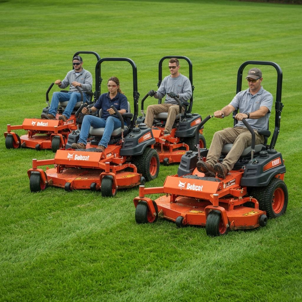 Commercial landscaping crew using Bobcat mowers